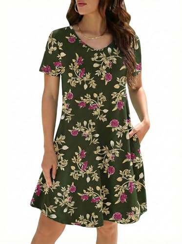 Image of KORSIS Dresses for Women Casual T-Shirt Summer Short Sleeve Loose Comfy Dress Swing Flowy Beach Vacation Sundress with Pocket