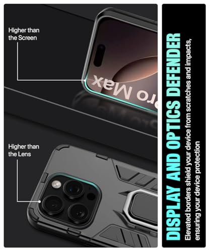 Image of WOW IMAGINE Shock Proof Back Case Mobile Cover for iPhone 16 Pro Max | Back Cover Case (Tough Armor | Hybrid PC + TPU | Ring Holder & in-Built Kickstand | Black)