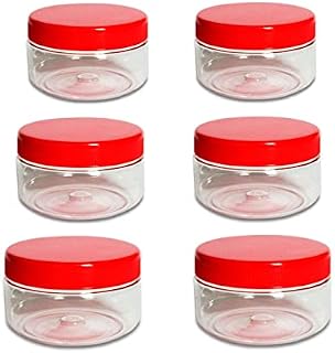 AFSUK 6 x 150ml Round clear Plastic Storage Jar with screw top lids, airtight BPA free food containers for kitchen, Hardware Storage, canisters, / Red Lid