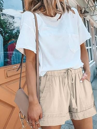 Summer Drawstring Shorts for Women 2025 Casual Elastic Waist Lightweight Beach Shorts Lounge Short Pants Pockets(1-Khaki,XX-Large)3