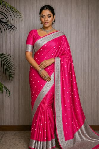 Image of Women's Glory Kanjivaram Banarasi Silk Saree with Polka Dot Embroidery Blend Woven Zari with Jacquard Woven Unstitched Blouse Piece.