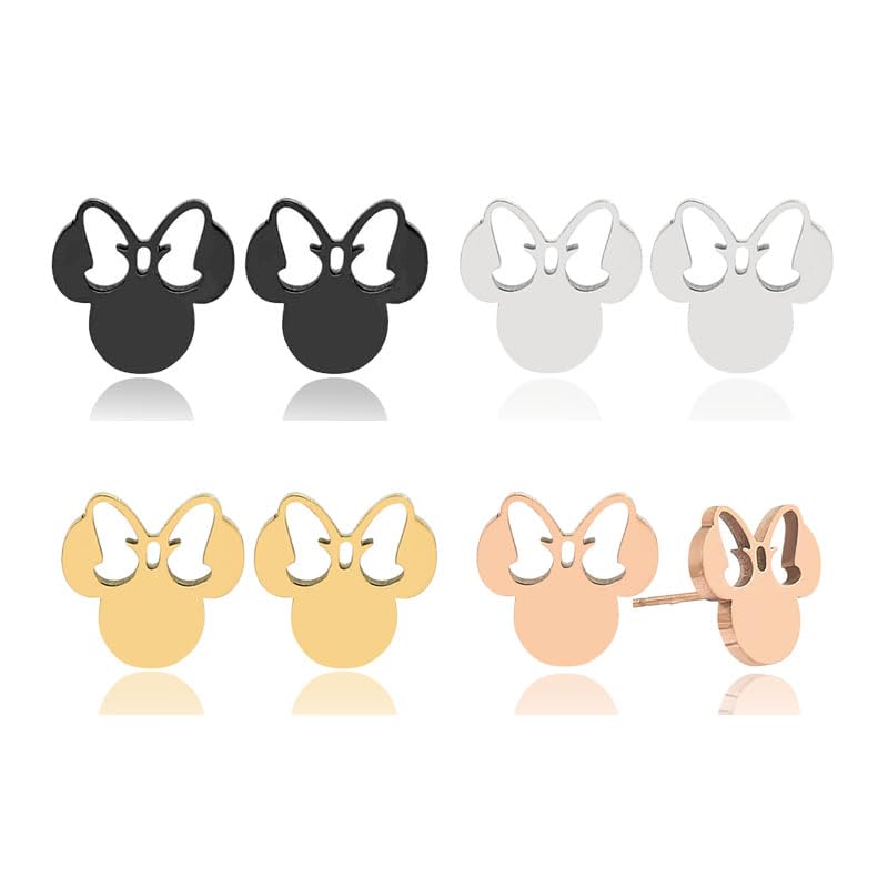 Dreuyet Stainless Steel Bow Tie Stud Earrings Set for Women - Small Cute Hollow Mouse Knot Studs - Dainty Gold Silver Black Plated Minimalist Tiny Ribbon Earrings - Fashion Jewelry Gifts