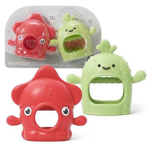 Image of Momcozy 2 Pack Baby Teething Toys, Food Grade Silicone Baby Teethers for 0-12 Months, Baby Teether Mitten Wrist Teether Set, Easy Grip Teething Relief with Multiple Chew Points, Red&Grass Green