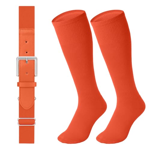 LEACOOLKEY Baseball Belt and Socks Combo Set Softball Socks and Elastic Belt for Youth Boys Girls Orange