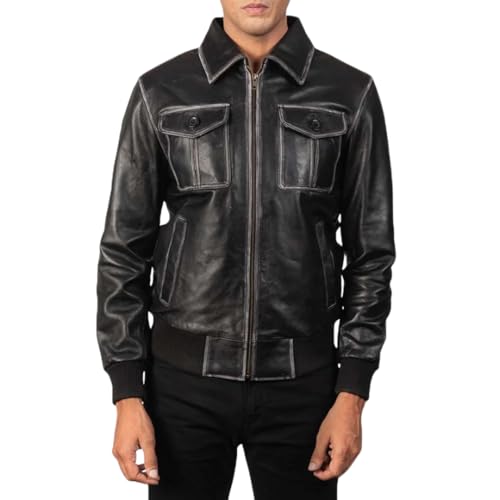 Premium Leather Bomber Jacket, Black, Classic Style with Front Pockets, Ribbed Cuffs, Zip Closure3