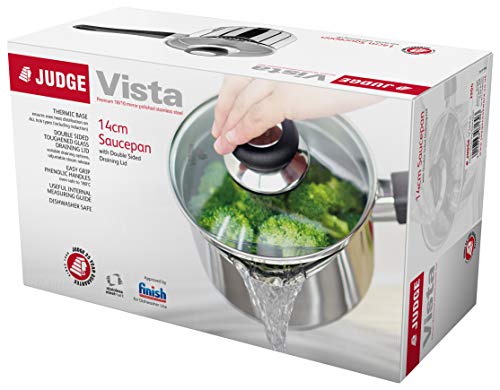 Judge Vista Draining Medium Stainless Steel Saucepan with Pouring Lip 14cm 1L, Shatterproof Glass Strain & Pour Lid - Image 2