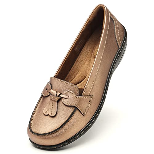 Artisure Women's Classic Metallic Rose Gold Genuine Leather Penny Loafers Fashion Tassel Boat Shoes Comfort Driving Moccasins Casual Slip On Walking Flats 9 M US 1003-MGJ090