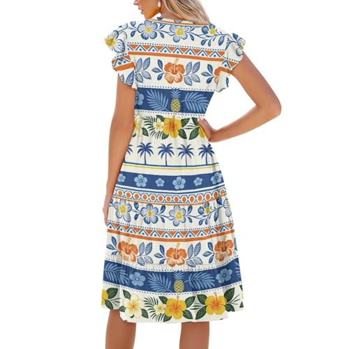 Image of Women's Casual Ruffle Sleeve Dress V Neck Pullover Dress Flowy A-Line Pleated Lightweight Dress with Pockets