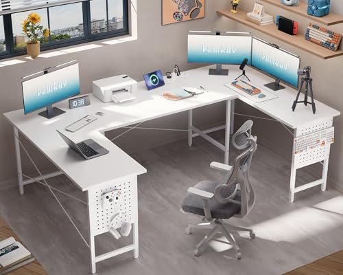 Pamray 71 Inch Large Computer Desk with Power Outlets,U Shaped Corner Desk for Home Office Work and Gaming White