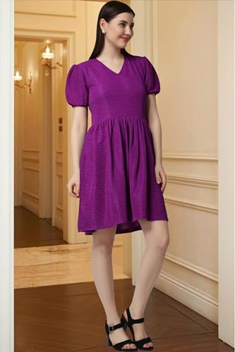 Image of POPWINGS Casual Self Crush Design Solid Knee Length Blouson Peplum Dress for Women || Stylish Summer Dress for Women || Knee-Length Dress for Women || V-Neck Dresses for Women