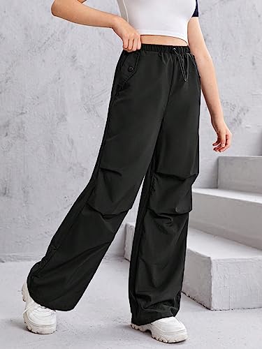 Image of WDIRARA Girl's Drawstring Waist Wide Leg Trousers Casual Pants with Slant Pocket Black 10-11Y