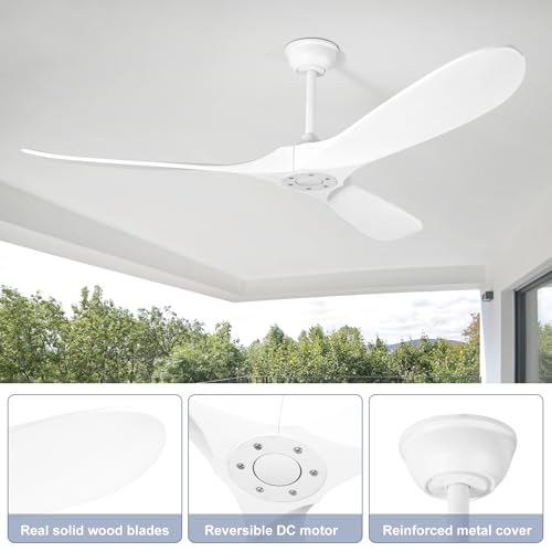 Image of Solid Wood Ceiling Fans no Light, Ceiling Fan with Remote Control,DC Motor with Large Airflow,Indoor and Outdoor Ceiling Fan for Living Room,Bedroom,Patios(White,52 Inch)