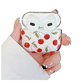 Picture of YeLoveHaw Designed for AirPods 3 Cute Case for Women Girls Teens, Red Fruit Green Leaves Pattern, Glitter Golden Lines, Hard Clear Full Body Protective Cover for Airpods 3rd Generation 2021 (Cherry)