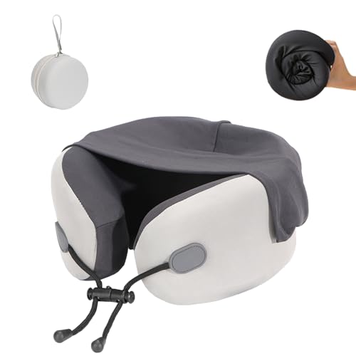 Reelyo ネックピロー 飛行機 枕 快適グッズ フード付き トラベルピロー 首枕 竹炭メモリーフォーム 携帯枕 コンパクト 360°包み込む 折り畳み可能 脱着式 クッション 旅行/車中泊/夜行バス/新幹線/ソファ/椅子/オフィス/お昼寝/仮眠/防災用 父の日 母の日 誕生日プレゼント対応 収納ボックス付き (グレー)