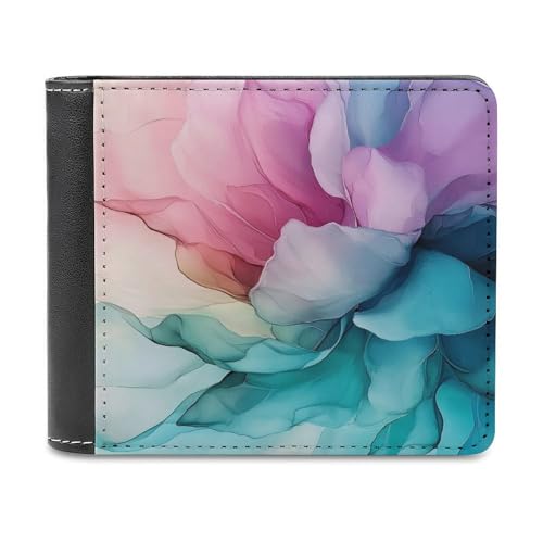 Pink Teal Petals Abstract Floral Soft PU Leather Bifold Wallet, Coin Purse Credit Pass Case, Durable Card-Holder Slim Billfold for Men Woman Money Storage