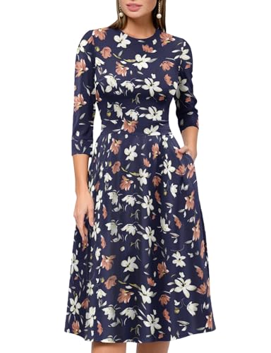 Image of Simple Flavor Women's Floral Vintage Dress Elegant Midi Evening Dress 3 /4 Sleeves