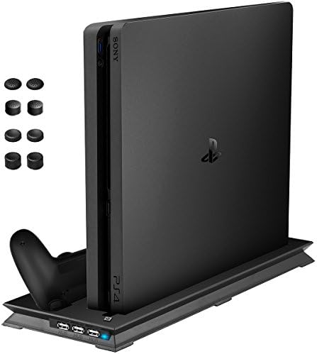 Sextile PS4 Slim Vertical Stand Cooling Fan with Dual Controller Charging Station and 3 Extra USB Port + 8 FREE Controller Grip Cover Caps for Playstation 4 Slim Console and DualShock 4 Gamepads