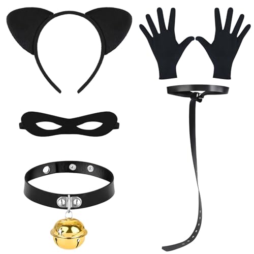 5Pcs Black Cat Costume Include Cat Ears Headband Tail Eye Mask Bell Choker Gloves for Halloween Party Dress up