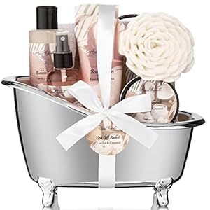 Spa Gift Baskets For Women – Luxury Bath Set With Coconut & Vanilla – Spa Kit Includes Body Wash, Bubble Bath, Lotion, Bath Salts, Body Scrub, Body Spray, Shower Puff, and Towel