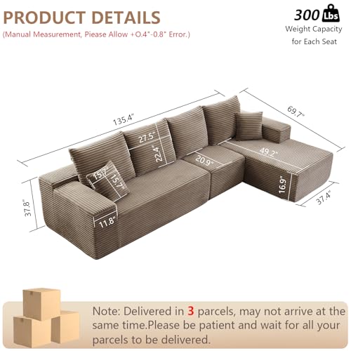 Image of 135.4 inch Modular Sectional Sofa, Modern Corduroy Cloud Couch with Deep Seat, Boneless Couch Upholstered 4-Seater L-Shaped Sofa for Living Room, No Assembly Required (Camel, Right-Facing Chaise)