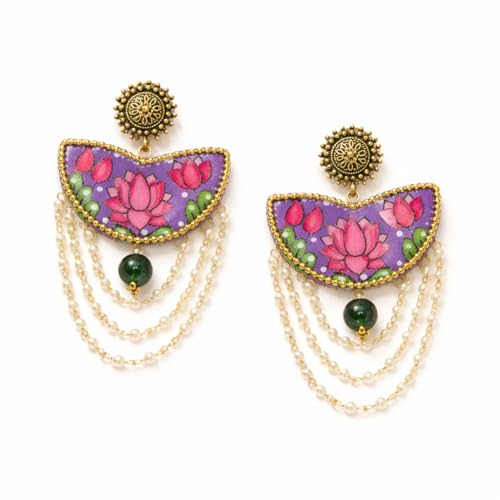 Image of KHOJ.CITY Ethnic Earrings for Women | Lightweight, Hand-Painted Chandbali with Pearl Chain | Handmade Jewellery for Women | Boho Earrings For Girls
