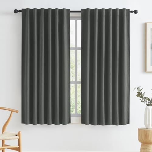 KEQIAOSUOCAI 100% Blackout Linen Curtains, Full Shade Complete Light Blocking Drapes Back Tab Rod Pocket Hook Belt, Textured Thermal Insulated Black Out Curtains(Dark Grey, W50 x L45, 2 Panels)
