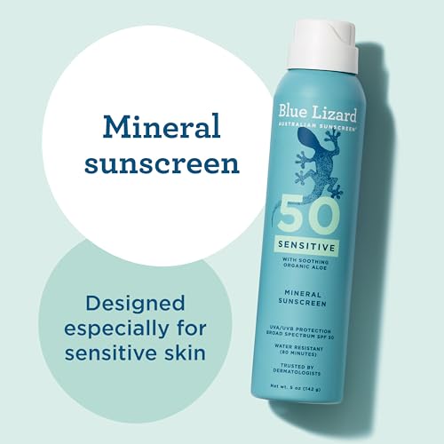 Image of Blue Lizard Sensitive Mineral SPF 50 Spray, Dermatologist-Recommended Brand, Broad-Spectrum UVA /UVB Protection, Water-Resistant, Zinc Oxide Formula, 5 oz