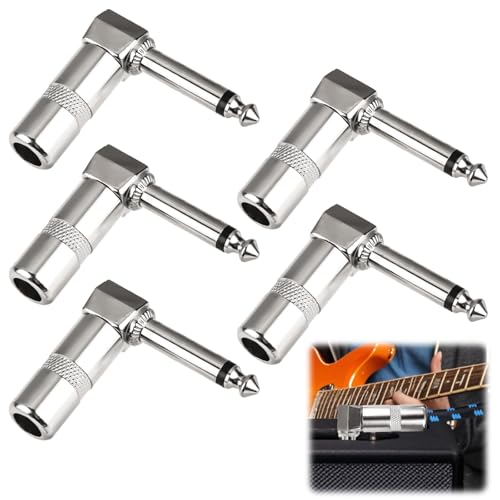 MSMXCS 5PCS Audio 1/4 Right Angle Plug,6.35mm Male to 3.5mm Female Audio Adapter 90 Degree Stereo Heavy Duty TS Mono Male Solder Jack Connector for Speaker,Guitar,Microphone Cables,Headset