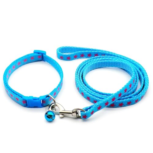 Small Dog Puppy Pet Collar and Lead Set Star Design Nylon Adjustable Size 19-32cm Collar with Bell and 120cm Leash Blue - Image 2