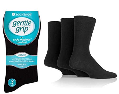 3 PAIRS Sockshop Men's Diabetic Cotton Rich Gentle Grip HoneyComb Top Non Elastic Socks Size 6-11 (black)