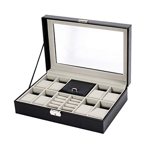 Reloj caja de presentación Caja de reloj, 8 rejillas Reloj de pulsera de cuarzo de madera Caja de presentación de los hombres Caja de pulsera de las mujeres Reloj de pulsera de cuero PU con cerradura