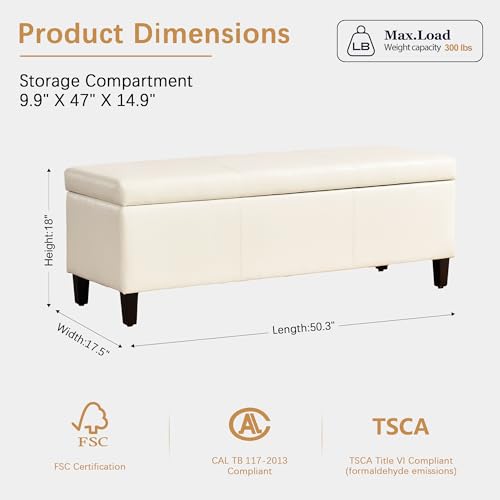 Image of HUIMO Faux Leather Storage Ottoman Bench 50.3 inch Extra Long Upholstered Bedroom Bench with Large Storage Space for The Living Room, Entryway, Bedroom Hold Up to 300lbs (Cream)