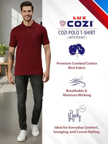 Image of Lux Cozi Men's Polo T-Shirt Regular Fit Half Sleeves with Pocket | Cotton Blend Polo Neck Collar T-Shirt for Men | Casual, Office Comfortable Breathable T-Shirt | Stylish Plain Tee