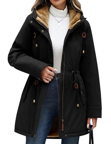CMTOP Winterjacke Damen Wasserdicht Warme Kordelzug Parka Fleece Gefüttert Wintermantel mit Kapuze Lässiger Dicke Kapuzenjacke Winddicht Zip Outdoorjacke mit Taschen(Schwarz, XL) CMTOP Winterjacke Damen Wasserdicht Warme Kordelzug Parka Fleece Gefüttert Wintermantel mit Kapuze Lässiger Dicke Kapuzenjacke Winddicht Zip Outdoorjacke mit Taschen(Schwarz, XL)