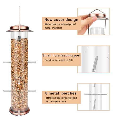 MIXXIDEA Finch Bird Feeder Hanging Metal Thistle Seed Feeder with 8 Feeding Ports Nyger Seed Feeder, Goldfinch Feeder for Outdoors Garden Copper by MIXXIDEA - Image 3