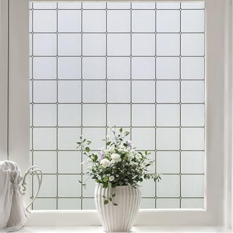 Windimiley Window Privacy Film Frosted Glass Static Clings, Decorative Bathroom Door Cover, Sun Blocking Lattice Vinyl Stickers, Heat Control Home Window Tint Cover