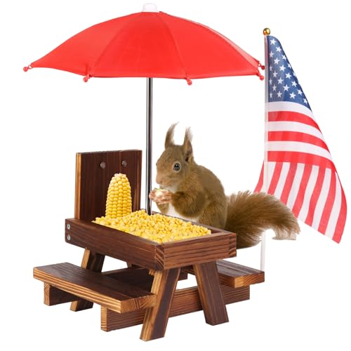 Wooden Squirrel Picnic Table Feeder – Handcrafted Outdoor Wildlife Feeder with Corn Spike, Easy Mounting for Backyard & Garden, Weather-Resistant Feeder for Squirrels, Birds, and Wildlife