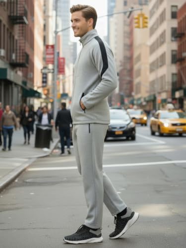 Image of CHKOKKO Men's High Neck Winter Tracksuit Set with Full-Zipper Upper & Elasticated Waist Jogger Pants | Warm Soft Solid Activewear for Gym, Running & Casual Use