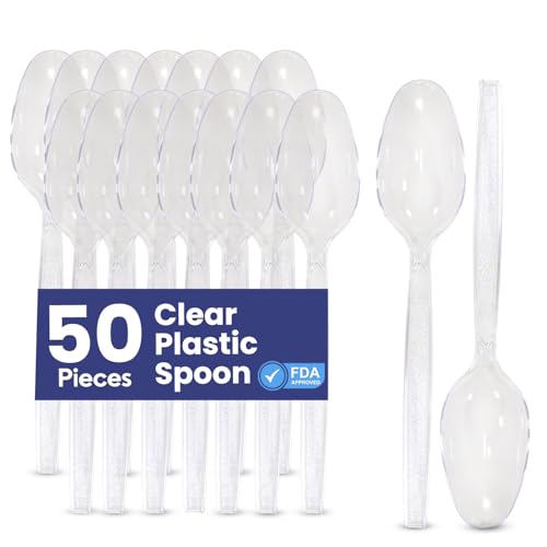 SNH Packing 50 Pieces Clear Plastic Spoon Heavy Duty Spoon for Party Catering Wedding BBQ Picnic & Events
