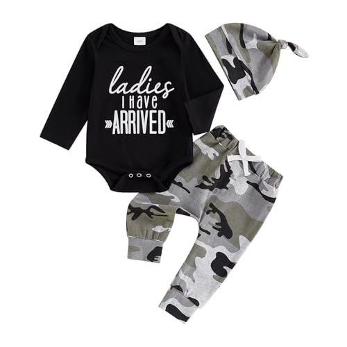 Image of Madioluye Newborn Infant Baby Boy Clothes Fall Winter Outfit Long Sleeve Letter Romper + Elastic Waist Pants + Hat 3Pcs Set