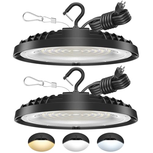 2 Pack 200W UFO LED High Bay Light, Adjustable Wattage 200W/150W/100W, 3-Color Temperature (3500K/5000K/6500K), 28,000LM, AC100-277V, Dimmable LED Shop Lights Fixture for Warehouse, Garage, Factory