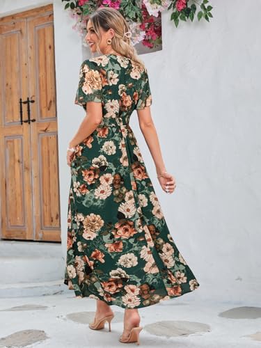 Image of Simplee Women's Boho Floral Maxi Dress Flowy Casual V Neck Short Sleeve Wedding Guest Holiday Beach Long Dress