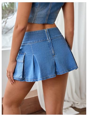 Women's Pleated Denim Skirt Ruffle Mini Skirt with Pockets2
