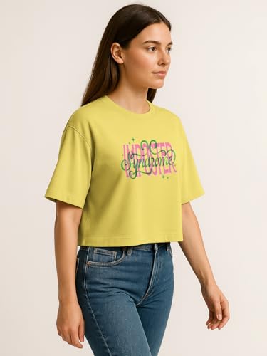 Image of HELLCAT Beige Printed Loose Fit Crew-Neck Crop T-Shirt for Women