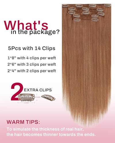 Image of Moresoo Copper Brown Hair Extensions Clip ins Short Hair Full Head Copper Clip in Extensions Real Human Hair Remy for Women Straight Can Be Curled 14 inch 80g /5pcs