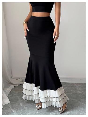 Floerns Women's Elegant Bodycon Skirts Fishtail High Waist Layered Ruffle Maxi Skirt4