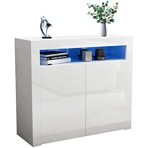 OUNUO LED Sideboard Cabinet - Cupboard with High Gloss Front and living room cabinet Sideboard Cabinet for Dining Room Bedroom (White, 2 Doors) Cover