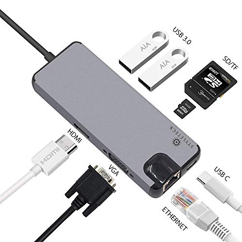 STYLETECK USB C Hub, 8 en 1 Adaptador Tipo C Concentrador a HDMI con 4K, LAN Ethernet, VGA, 2 USB 3.0, Puertos de carga PD y Lector tarjetas SD/ Micro SD Compatible con Apple MacBook Pro, Laptop