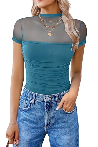Image of Avidlove Women's Short Sleeve Bodysuit Turtle Neck Body Suits Mesh One Piece Leotard Going Out Tops Date Outfits