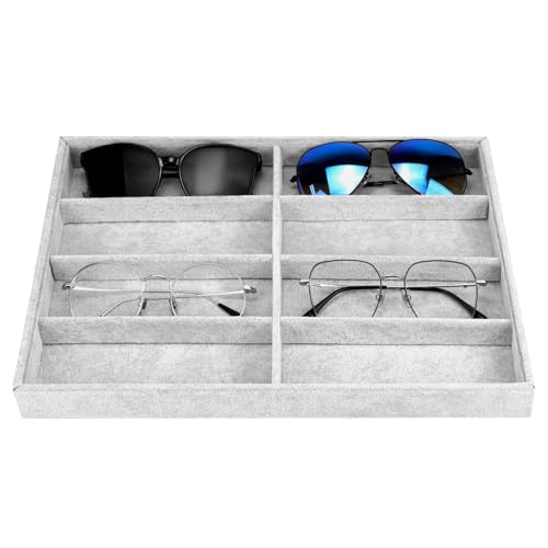 QWORK® organizador gafas, bandeja de exhibición de terciopelo de 8 rejillas, apilable y versátil para gafas, relojes y joyas